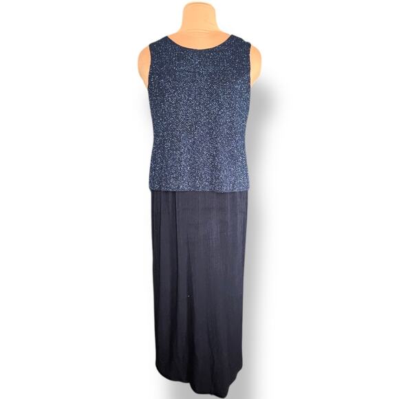Vintage 90s R&M Richards Petite Navy Glitter Maxi Dress Sleeveless Evening Gown - Picture 1 of 12